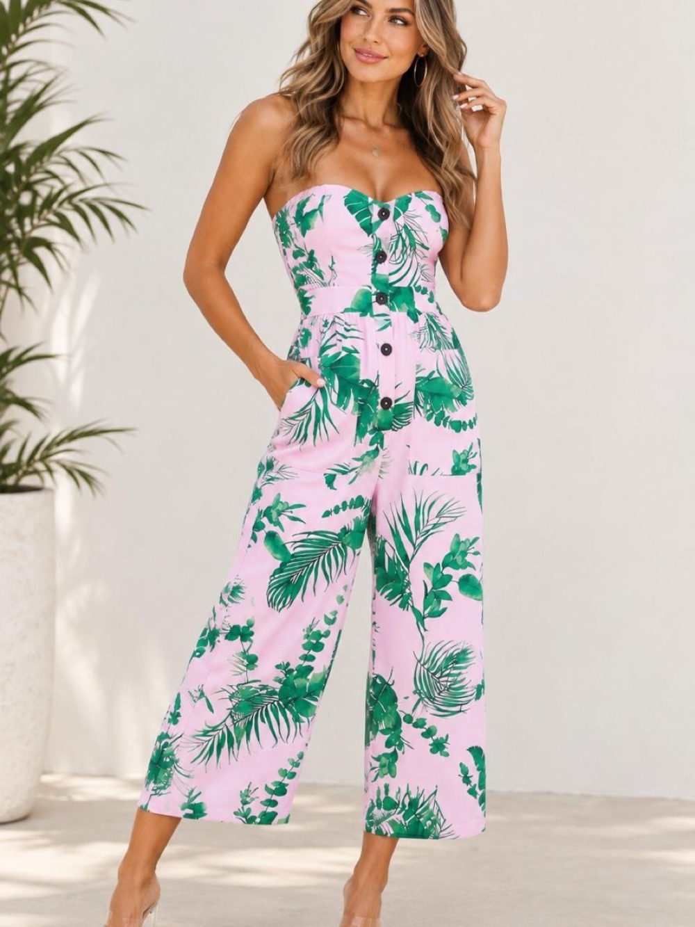 ASOS DESIGN bandeau button front jumpsuit with pockets in tropical print Sz 2